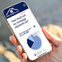 Person looking at their phone. DHIMortgage.com is open on their phone. It is the mortgage calculator page.