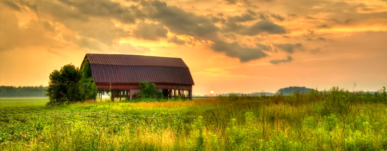 An old barn rests on a grassy field.