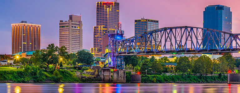The Little Rock skyline at sunset.