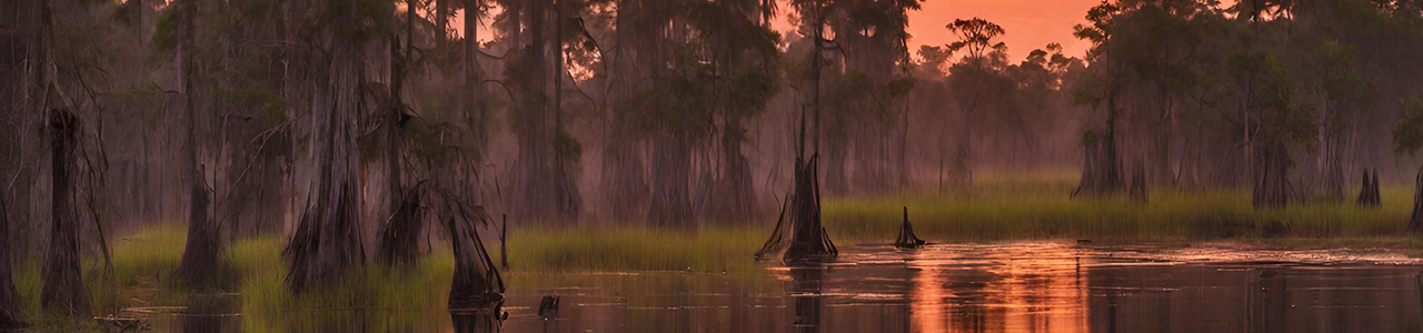 A swamp at sunset.