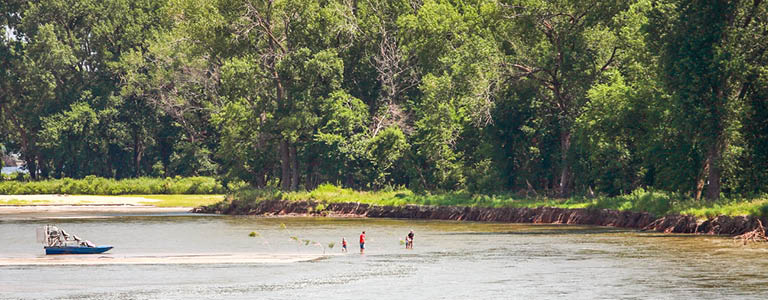 A forested shoreline with a distant family wading in the water. A boat is floating a few meters away from the shore.