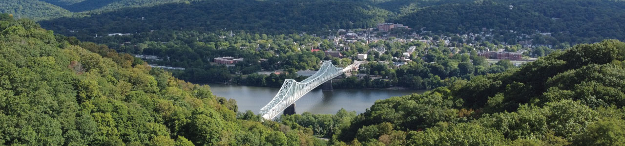 An aerial view of Sewickley Bridge spanning the Ohio River.