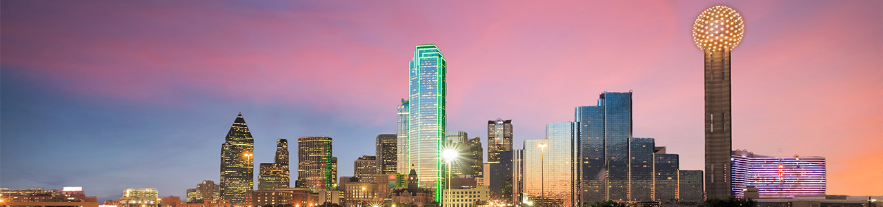 The Dallas skyline at night.