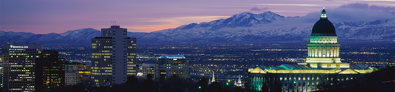 A nighttime skyline of Salt Lake City.
