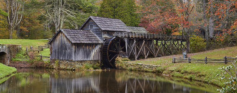 A watermill in the forested hills of Virginia.