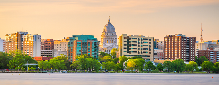 A view of the capitol at sunset.