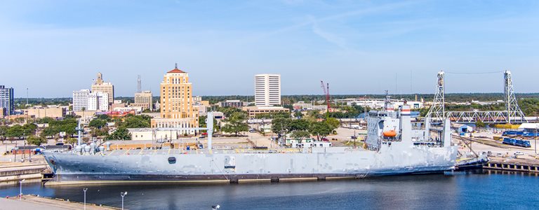 A view of a ship in the commercial dock in Beaumont, Texas,